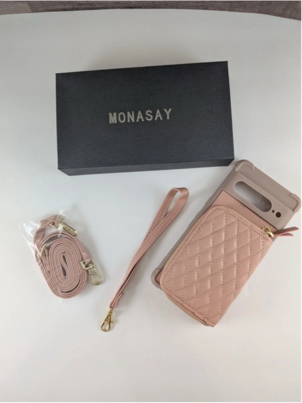 Quilted Card Pocket Phone Case with Strap - Blush Pink